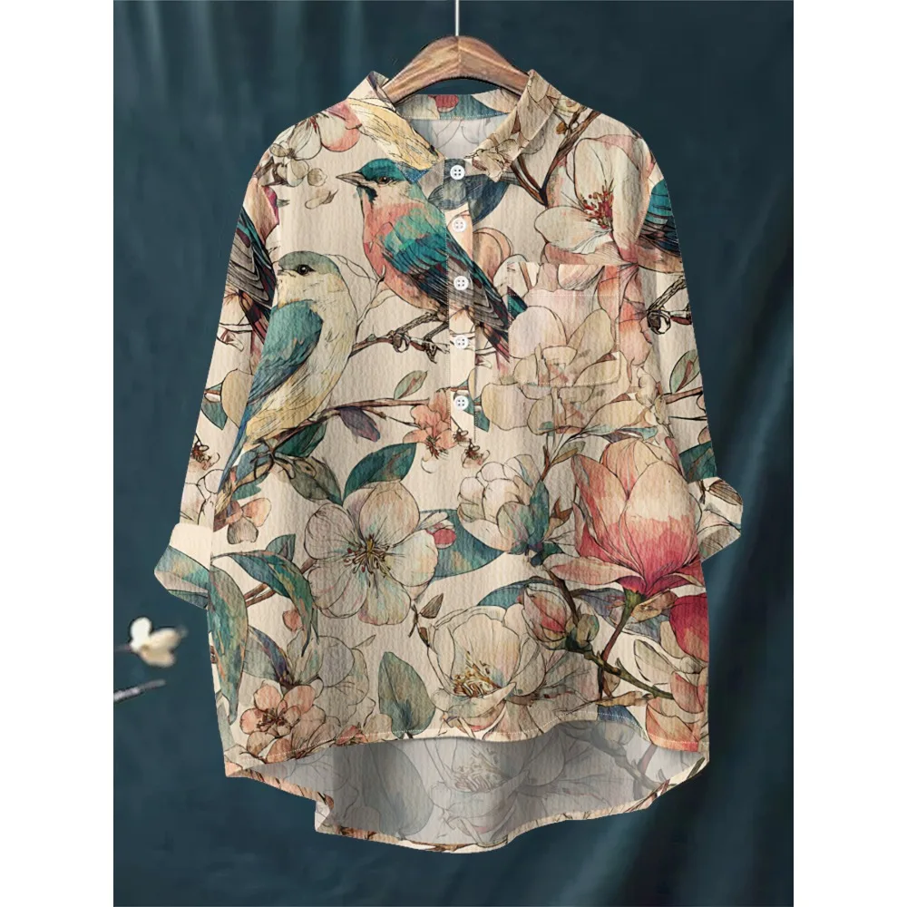 

Women's Japanese Harajuku Bird Flower Pattern Long Sleeve Shirt Loose Casual Half-Button Blouse Soft Breathable Loose Fit Tops