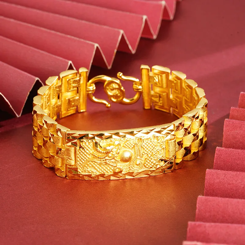 

Luxury 24K 9999 Pure Gold real gold Men's Double Dragon Play Ball Flying Dragon in the Sky Bracelet
