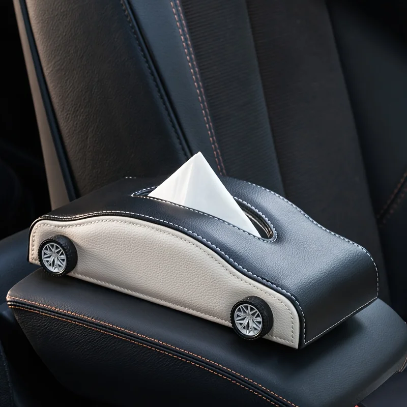

Sporty Car Tissue Box | Faux Leather Armrest Organizer | Universal Fit for All Cars | Black & Brown Accents