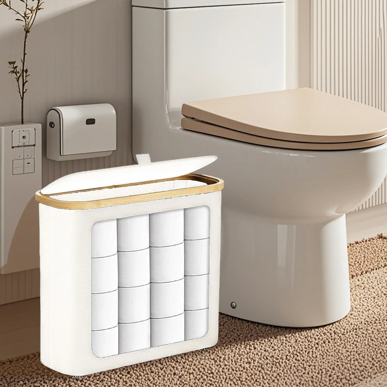 

Large Toilet Paper Storage Holder with Lid - Organizer Basket for 12 Rolls, for Bathroom, Under Sink, Corner, Cabinet, Shelf