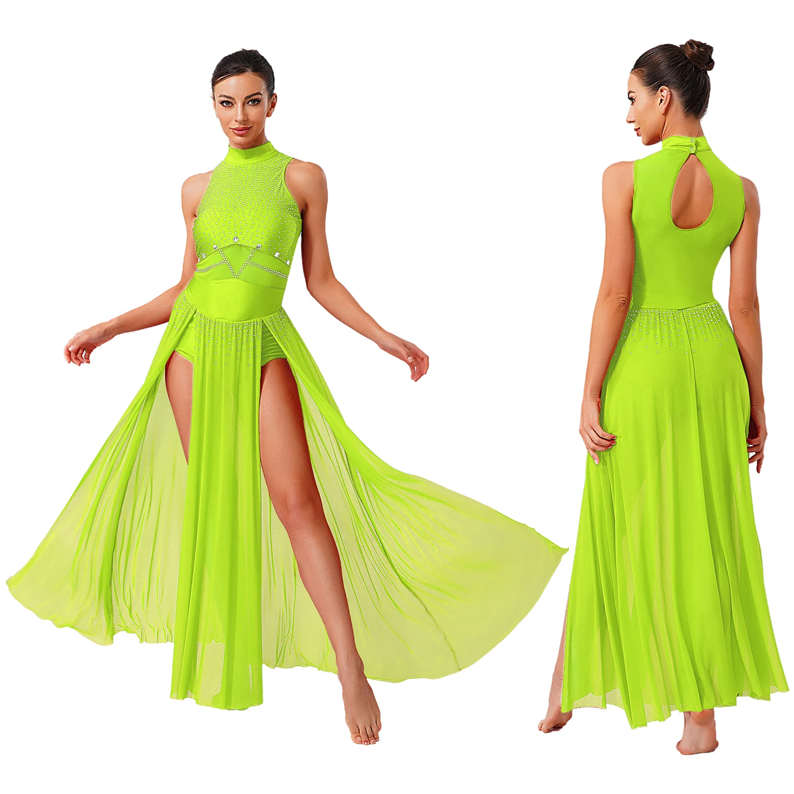 

Women Lyrical Ballet Modern Dance Maxi Dress Glittery Rhinestone Sheer Mesh Slit Hem Leotard Dress Modern Stage Dance Costume