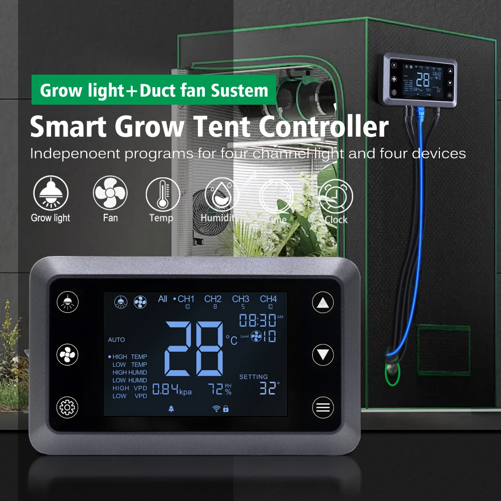 Smart Grow Tent Controller 2.5mm AUX RJ45 RJ12 DC12V Type-c Various Interfaces With Smart Multi-task Large Colored Screen
