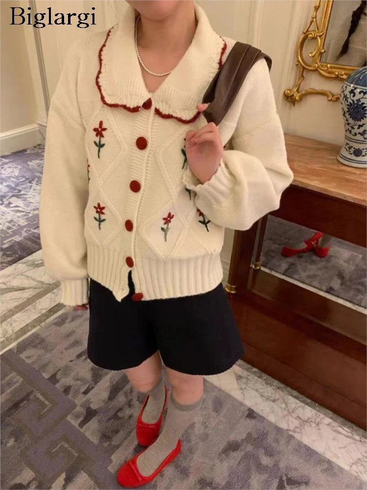

Вязаный осенний кардиган, женский милый модный женский кардиган с цветочной вышивкой, свободный женский свитер в корейском стиле, пальто