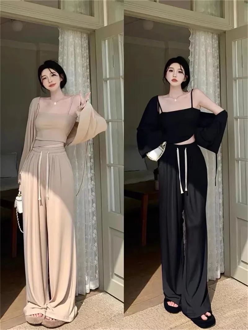 Fashion Age Reducing Set Women\'s New Spring/Summer Korean Versatile Strap Cardigan Wide Leg Pants Casual Three Piece Set Women\'s