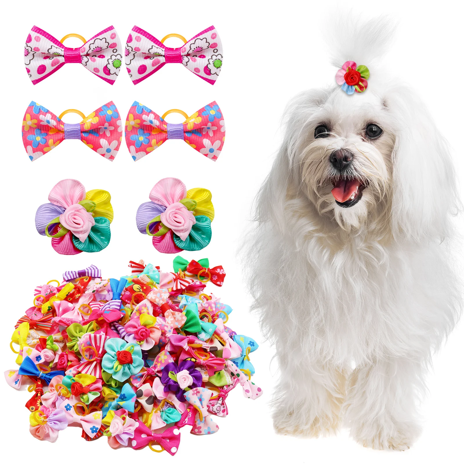 New 100pcs Dog Grooming Bows Pet Dog Cat Hair Bows Rubber Bands Pet  Supplies  Hair Accessories products for small dogs