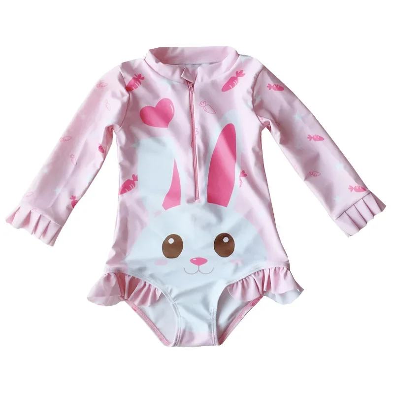 

2024 Kids Swimwear For Girls Conjoined Baby Long Sleeve Sun Protection Baby Cute Bunny Princess Girl Swimsuit Clothing Swimming