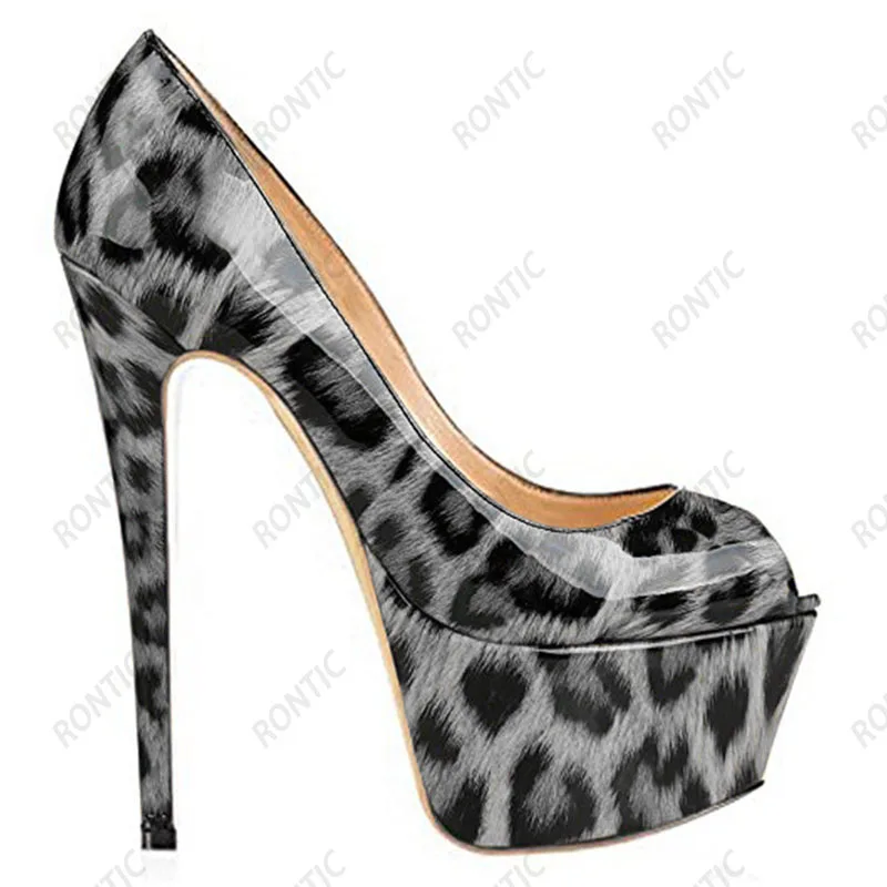 Rontic Handmade Women Platform Pumps Glossy Ultra High Heels Peep Toe Gorgeous Leopard Cosplay Shoes US Size 5-20