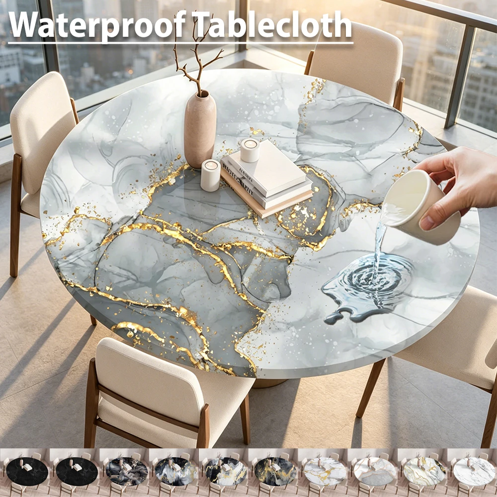1PC Outdoor Waterproof Marble Texture Round Tablecloth for Kitchen Dining, Elastic Table Cloth for Picnic Camping Garden Party