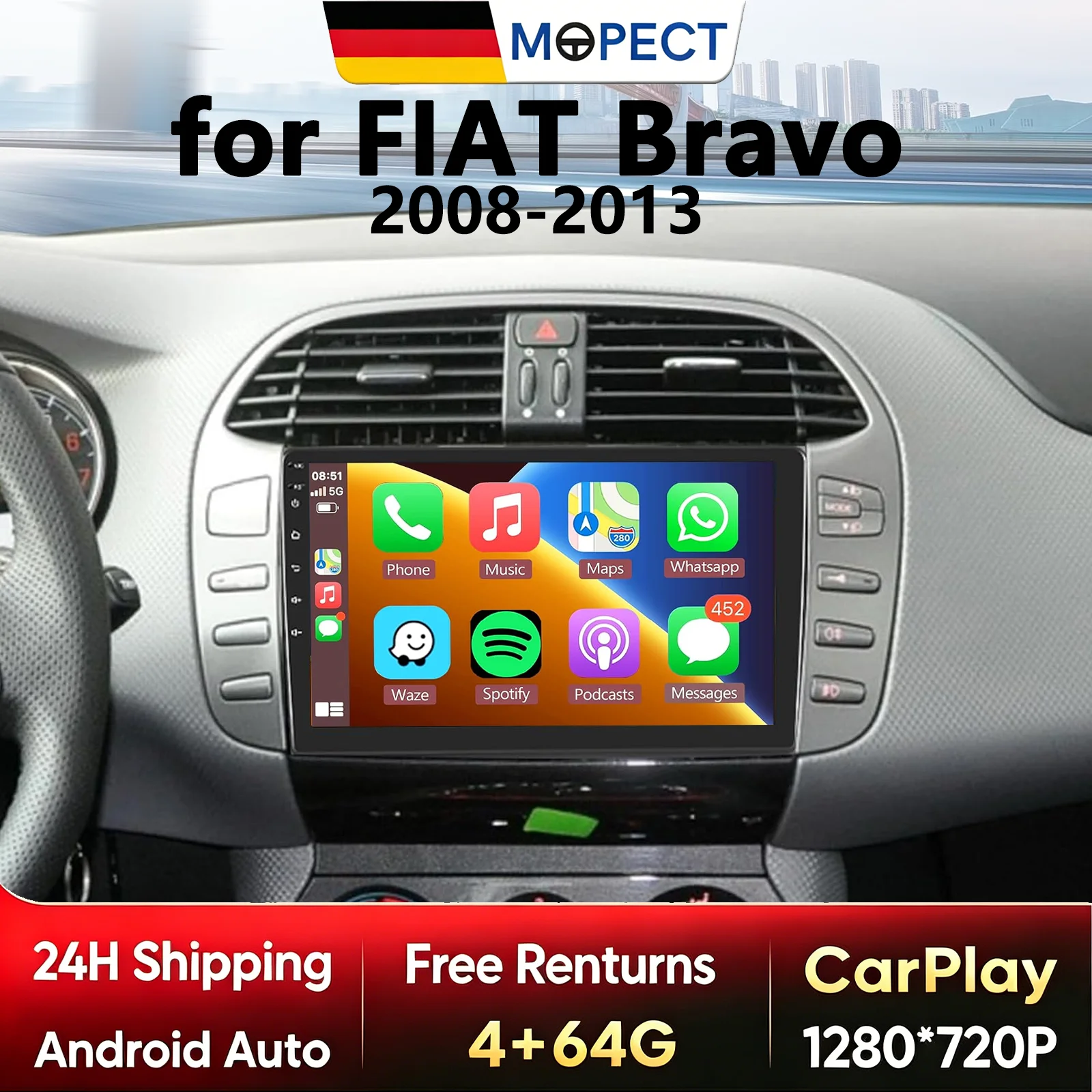MOPECT DAB+ Android 15 per Fiat Bravo 198 2 II 2007-2014 Autoradio Android Lettore Multimediale Video GPS Stereo CarPlay Head Unit