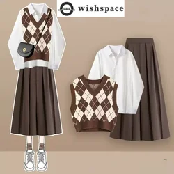 Autumn and Winter New Diamond Splicing Vest Knitted Vest White Shirt Pleated Skirt Three Piece Set Elegant Women's Skirt Set