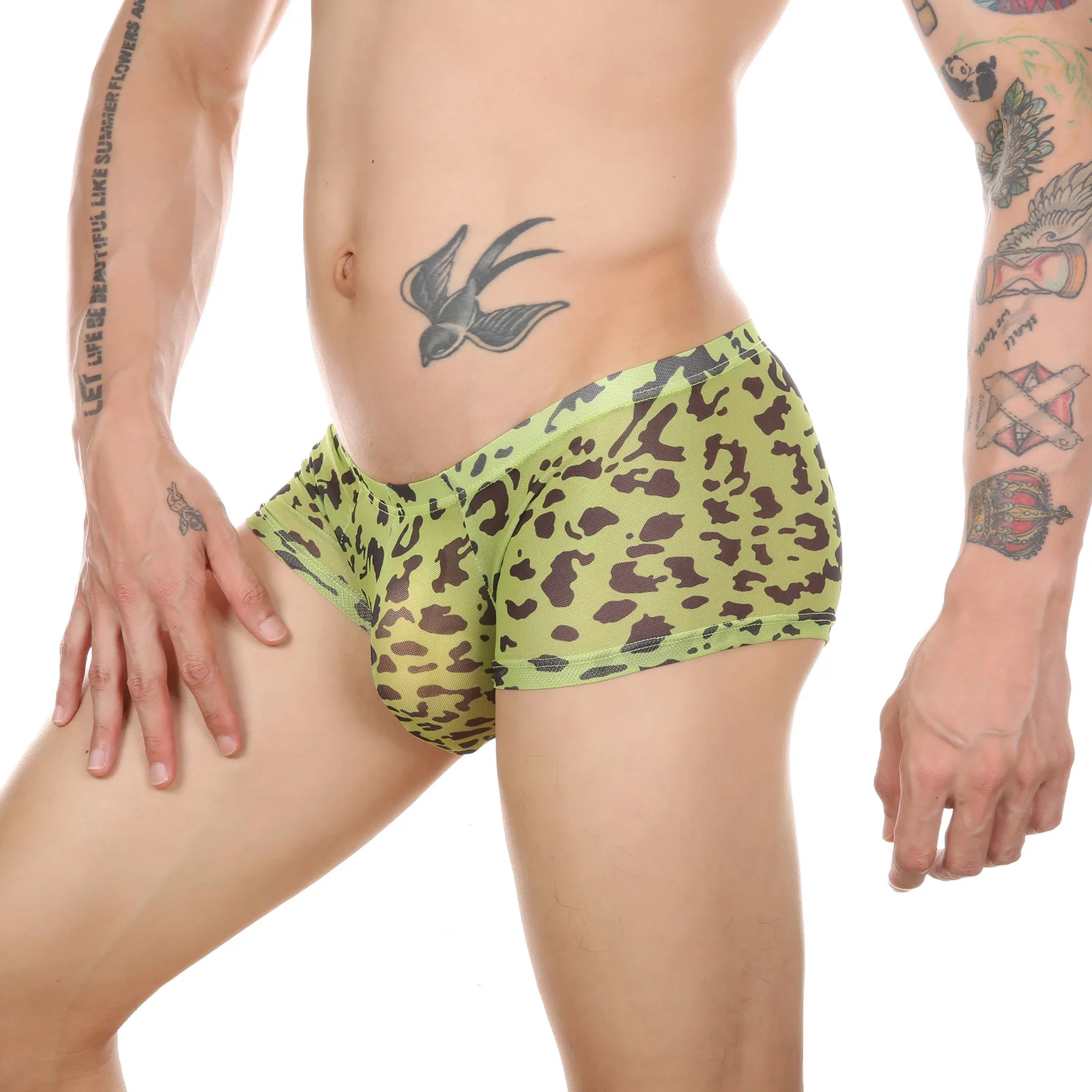 Boxers transparentes estampados masculinos, perspectiva sexy, malha, estampa de leopardo, roupa íntima sexual