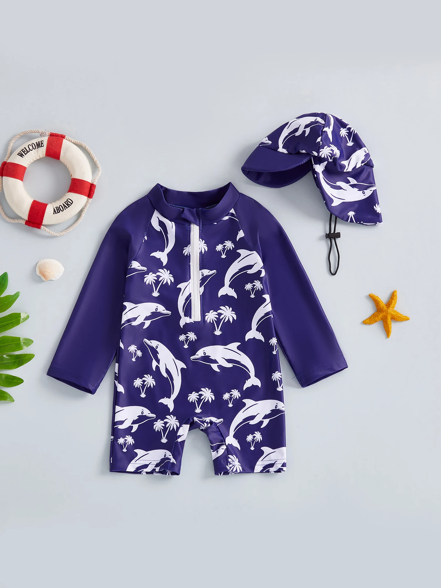 مجموعة ملابس سباحة رائعة للرضع مع تصميم ديناصور ممتع وسحاب كامل وقبعة شمس متطابقة للأولاد #2
