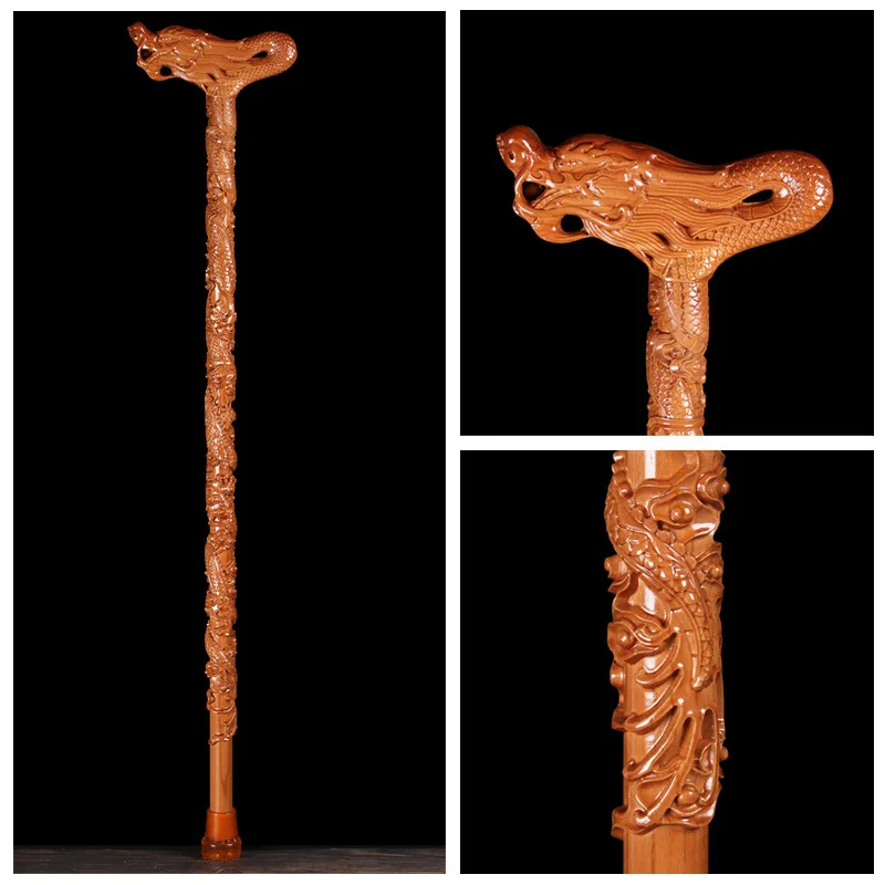 CX non-slip cane solid wood peach wood carving craft Fu Lu Shou