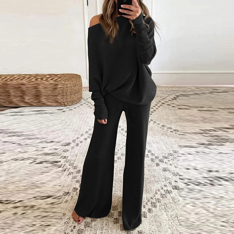 Casual Women Solid Color Elegant Two Piece Sets Winter Elegant O-Neck Pullover Tops and Loose Pants Suits Female Rib Streetwear