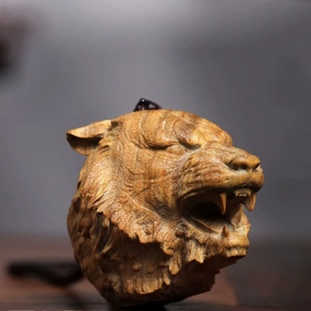 JW109 - 6CM Green Sandalwood Tiger Head Chinese Zodiac Feng Shui Pendant Wood Statue Animal Car Hanging Lucky Netsuke