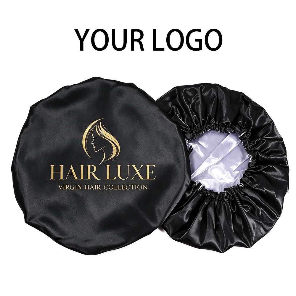 Wholesale Custom Logo Double Layer Satin Hair Bonnet Reversible Night Sleep Cap For Women Natural Curly Hair Custom Color Suppor