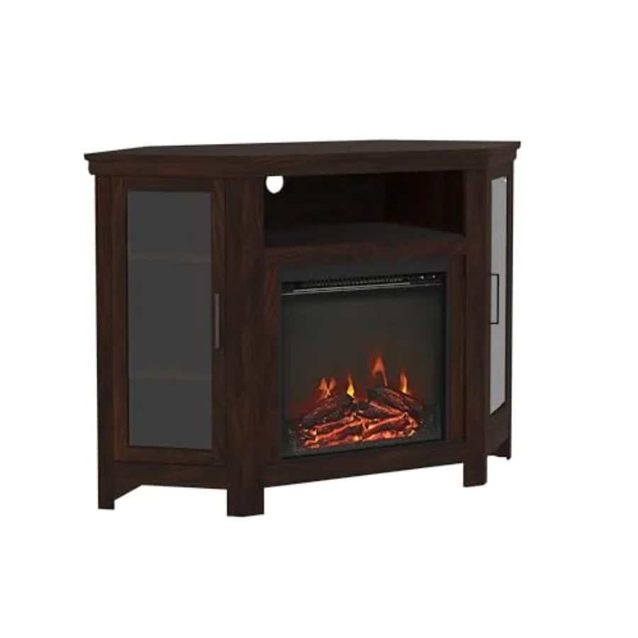 Mueble para TV esquinero marrón tradicional con puertas de cristal para chimeneas, ideal para salas de estar y salas multimedia, acomoda televisores de hasta