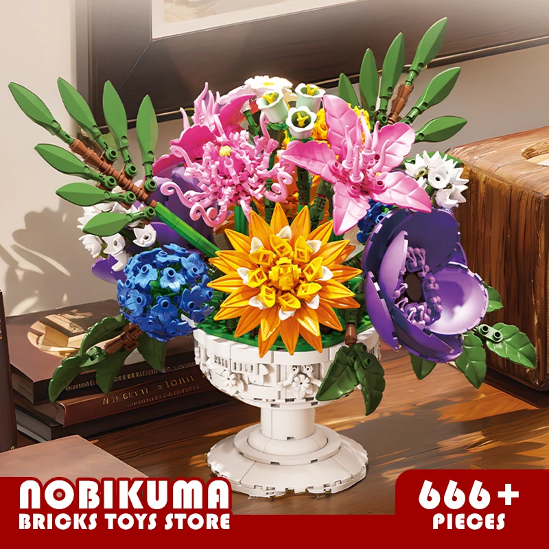 

Creative Building Blocks Bouquet Toys With Vase Colorful Flower MOC Bricks Plant 3D Model Romantic Gifts for Girl Kids Adult DIY