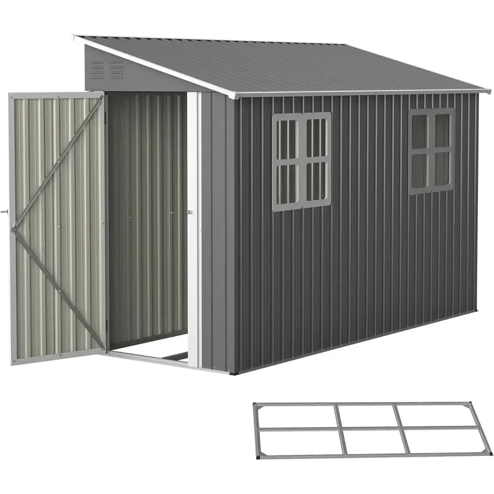 10x4ft Metal Storage Shed with Floor, Lean-to Design, 2 Windows, Outdoor Patio Garden Shed for Tools and Bicycles