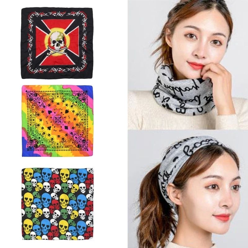 Fashion Hip Hop Skull Bandana Square Scarf Black Printed Headband Unisex Bicycle Headband Hip Hop Men Women Teens