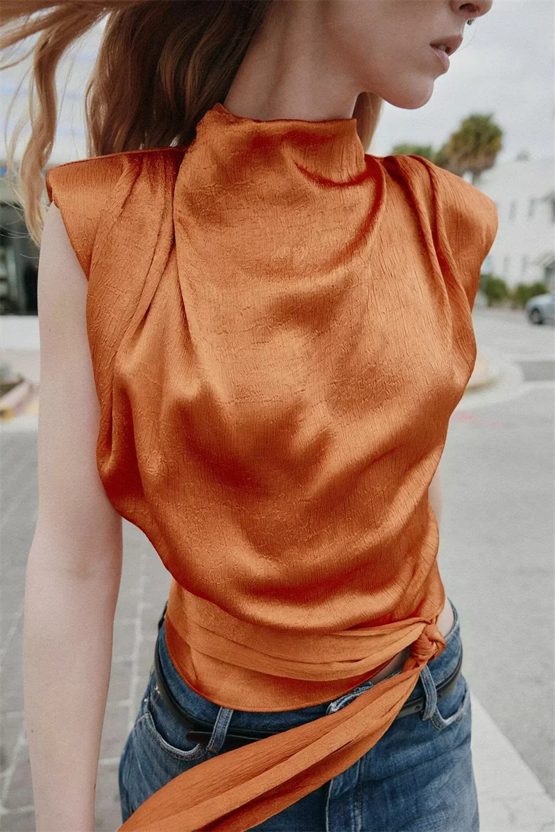 Satin Shawl Collar Sleeveless Crop Top, Women's Elegant Side-Tied Waist Shirt, Luxurious Smooth Silk-Like Tank - view 2