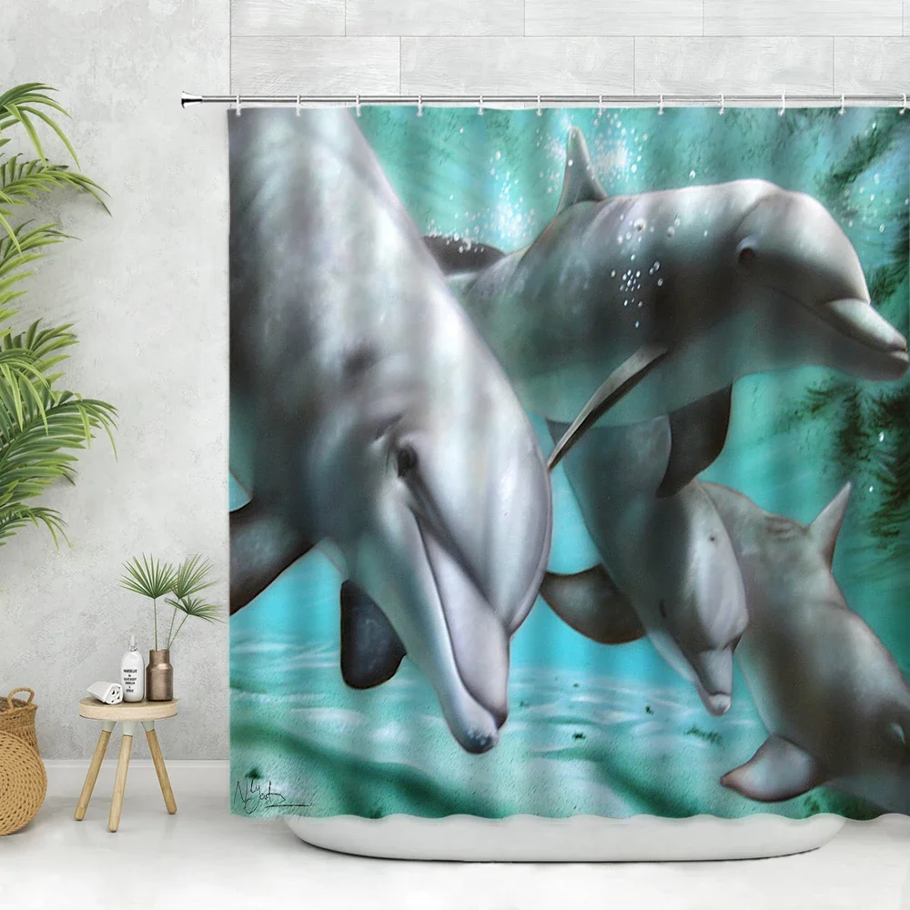 Cartoon Ocean Animal Shower Curtain Hooks Dolphin Whale Blue Sea Scenery Printing Bathroom Bathtub Decor Curtains Set Polyester