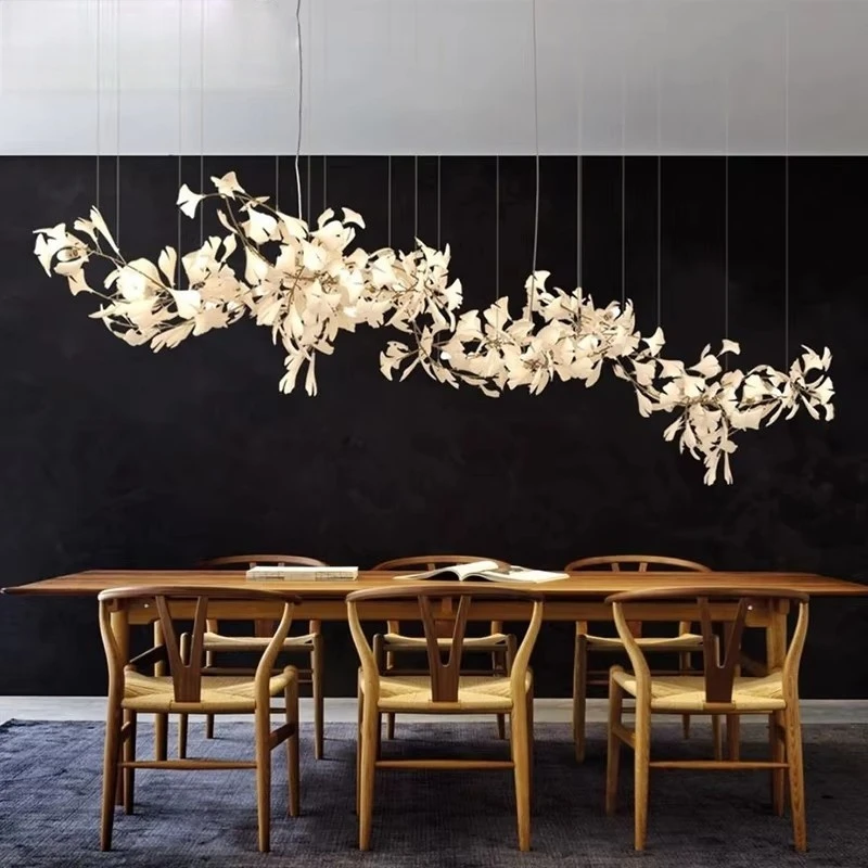 Long Ginko Leaves Ceiling Hanging Chandelier High Ceiling Rectangle White Porcelain Branch Leaf Pendant Chandelier For Vila Loft