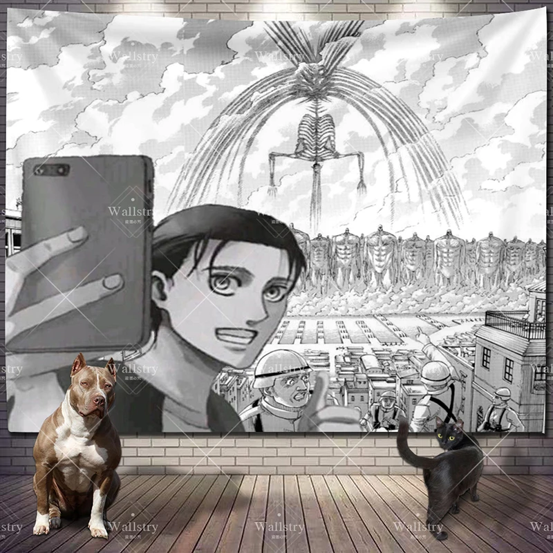 Funny Selfie Eren Jaeger Wall Mats Attack On Titan Manga Freedom Custom Tapestry Anime Carpet Coverings Room Decor Beach Blanket