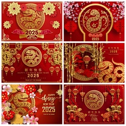 2025 Happy New Year Backdrop Chinese Style Snake Red Lantern New Year Eve Family Party Photography Background Decor Photo Studio