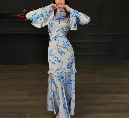 

French Womens Dresses 2025 New Elegant Fashion Floral Print Horn Sleeve High Waist Casual Round Neck Slim Daily Fishtail Skirt