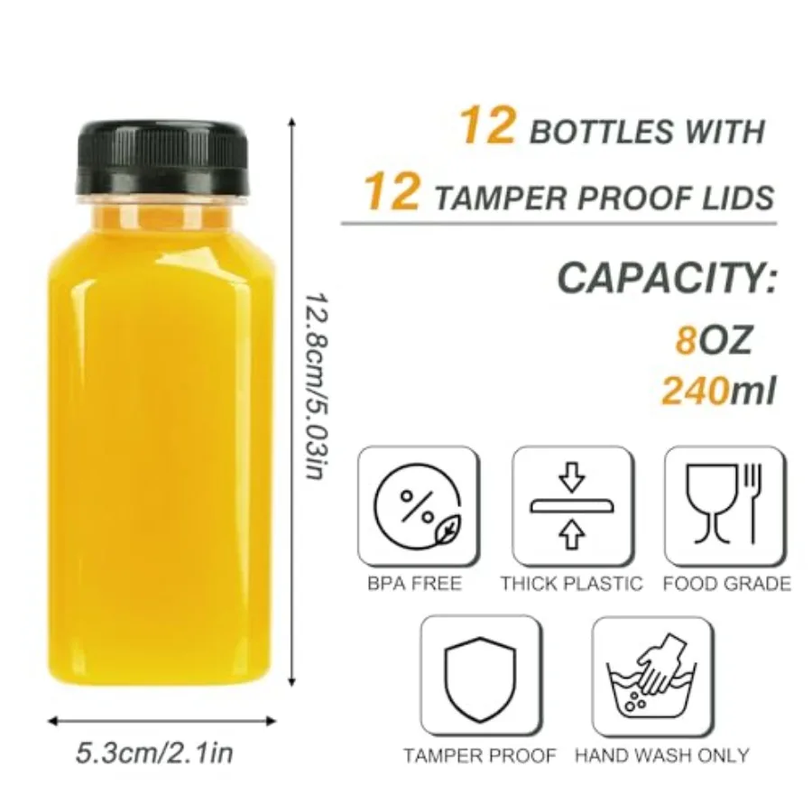 pcs 8oz Plastic Juice Bottles with Caps, Sticker Labels, Brush Empty Reusable Clear Bottles with Label, Funnel and Brush Bevera