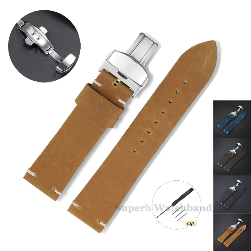 Calfskin Leather Bracelet for Omega Vintage Watch Band Brown Stitching Cowhide Strap for Rolex Butterfly Buckle 18 20 21 22 24mm