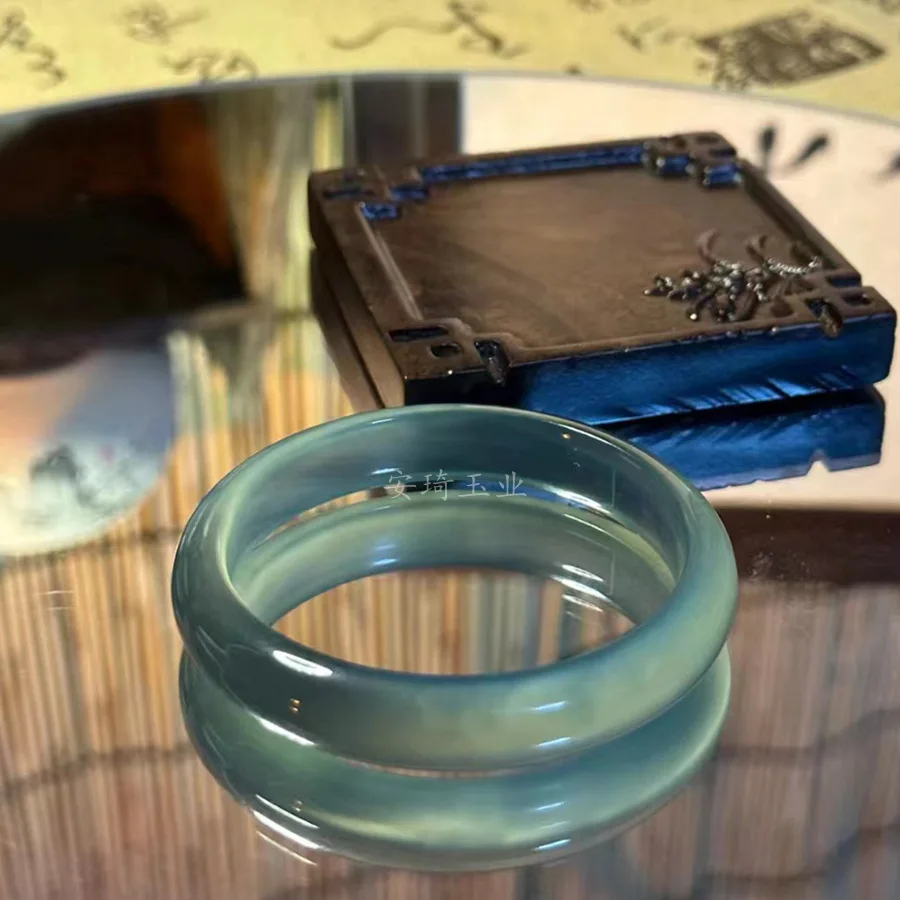 

National Style Sea Blue Mystery Round Bar Lake Water Blue Bracelet Ice Quartzite Jade Bracelet