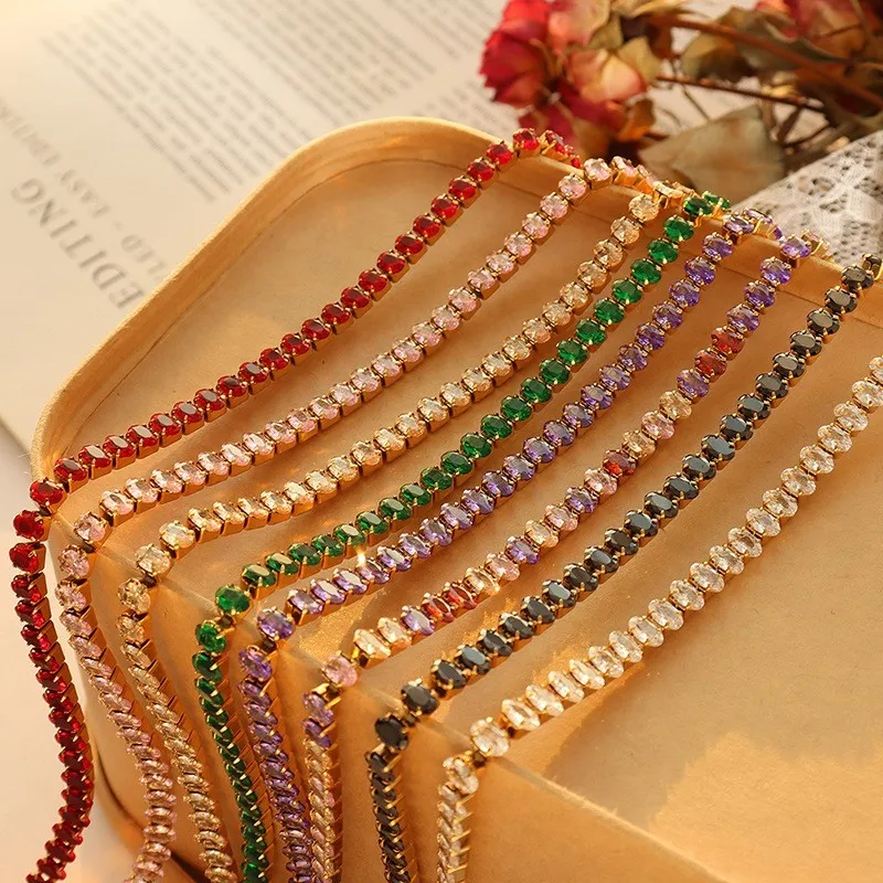 Multicolor Zirconia Necklace Bracelet For Women Stainless Steel Waterproof Women\'s Necklaces Bracelets Luxury Woman Jewelry Sets