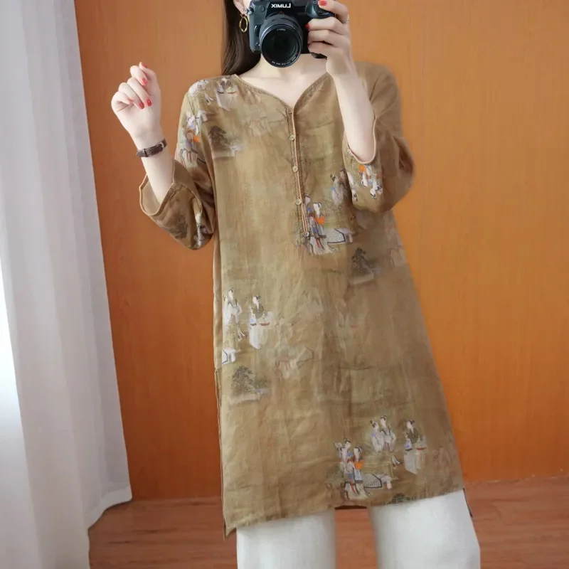 Cotton Linen Ethnic Women's Clothing 2022 Summer New Retro Medium Long Three-Quarter Sleeve T-shirt Chinese Style Linen Shirt W5