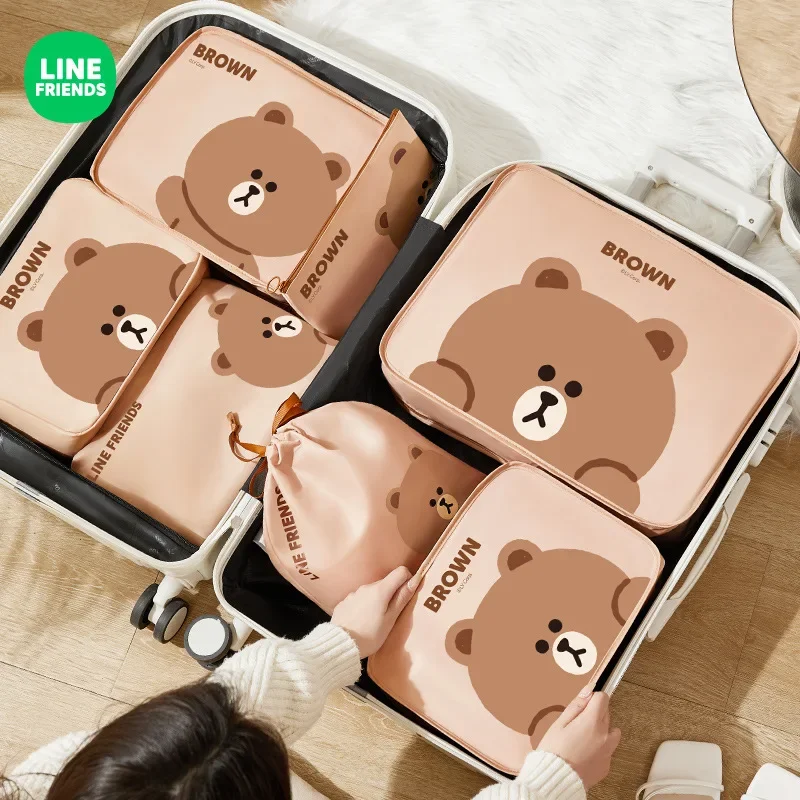 Line Friends Brown Waterproof Moisture Proof Clothe Underwear Suitcase Storage Bag Anime Kawaii Shoes Divided Travel Storage Bag