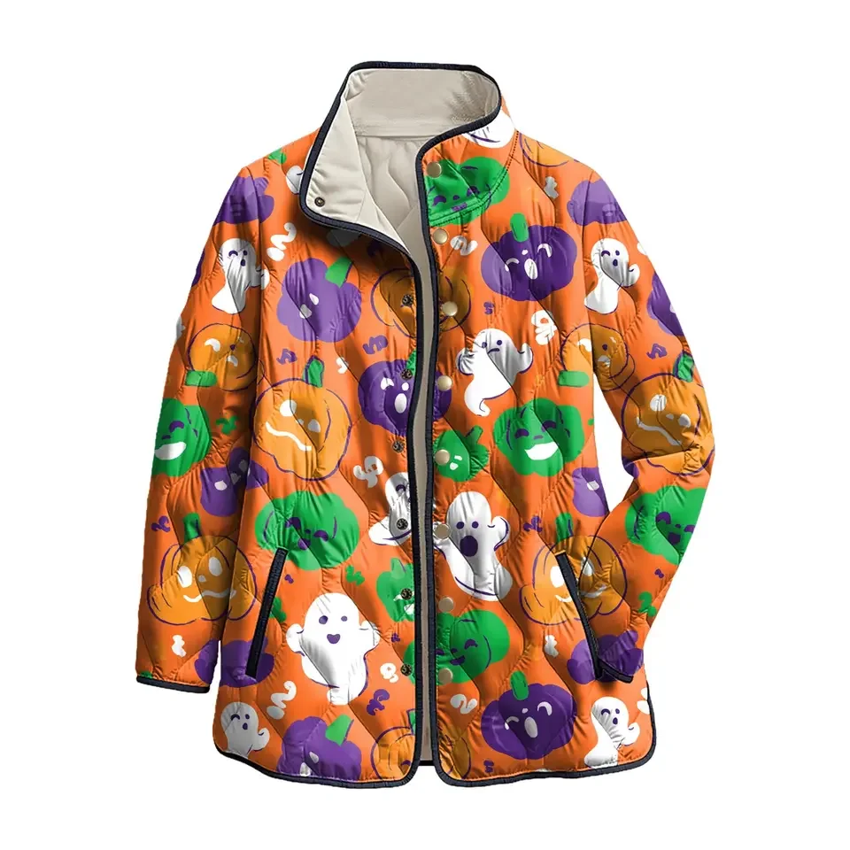 Autumn Winter Women'S Halloween Printed Casual Fashion Warm Cotton With Stand Up Collar Outerwears