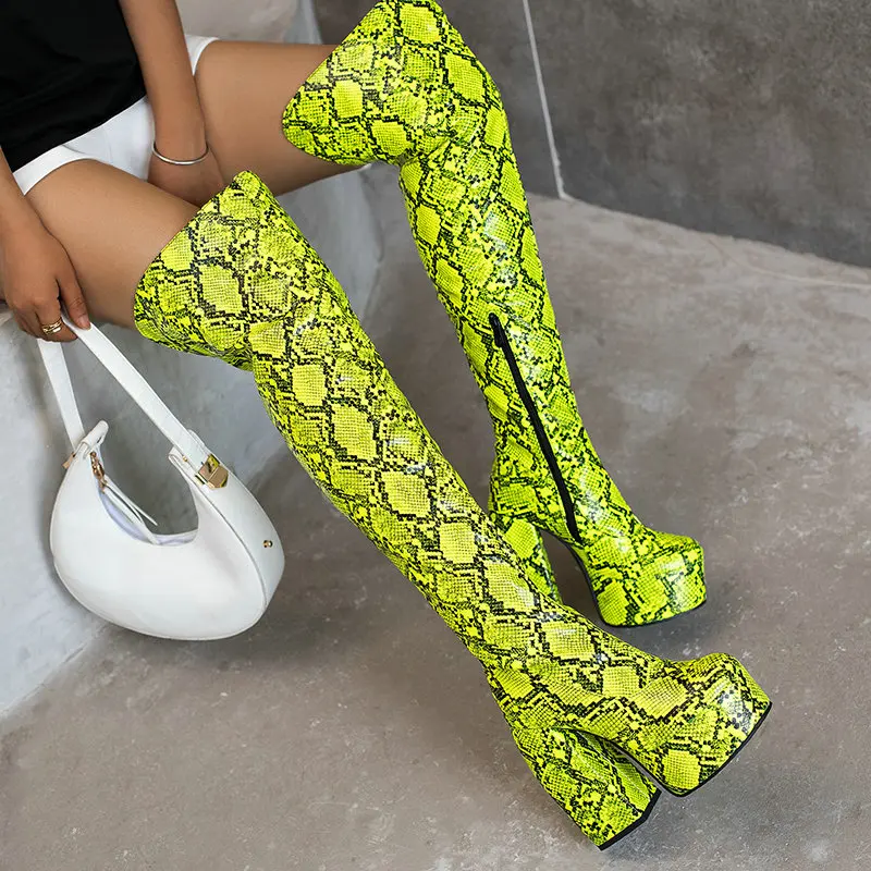 Size 48 Neon Yellow Snake Skin PU Leather Women Overknees Sexy Block High Heels Thigh High Western Over-the-knee Platform Boots