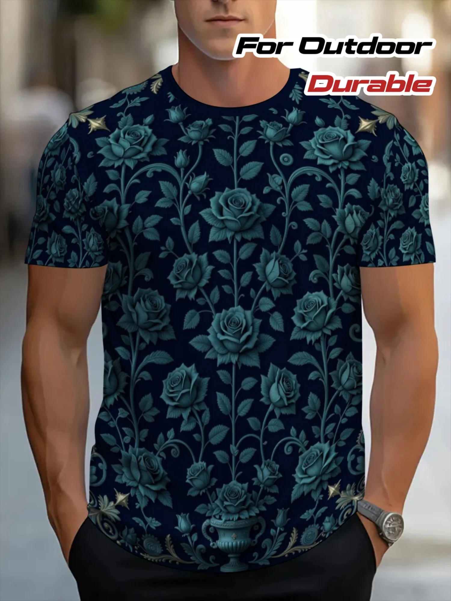 Men Dark Navy Teal Vintage Rose Vase Floral 3D Print Crew Neck T Shirt Outdoor Durable Short Sleeve Casual Tee