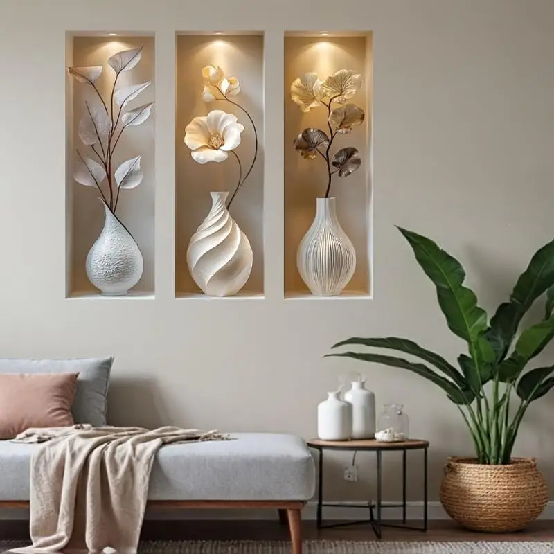 3D PVC Faux Vase Wall Decal Removable Eco-Friendly Niche Sticker for Housewarming Gift Home Decor Use