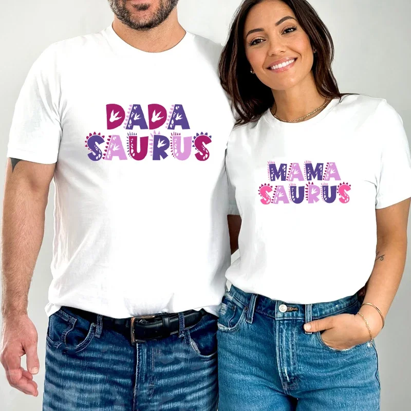 Dad/Mama Saurus Print T-Shirt Cartoon Letter Couple T-shirts Summer Dinosaur Pattern Fashion Husband Wife Cute Matching T-Shirt