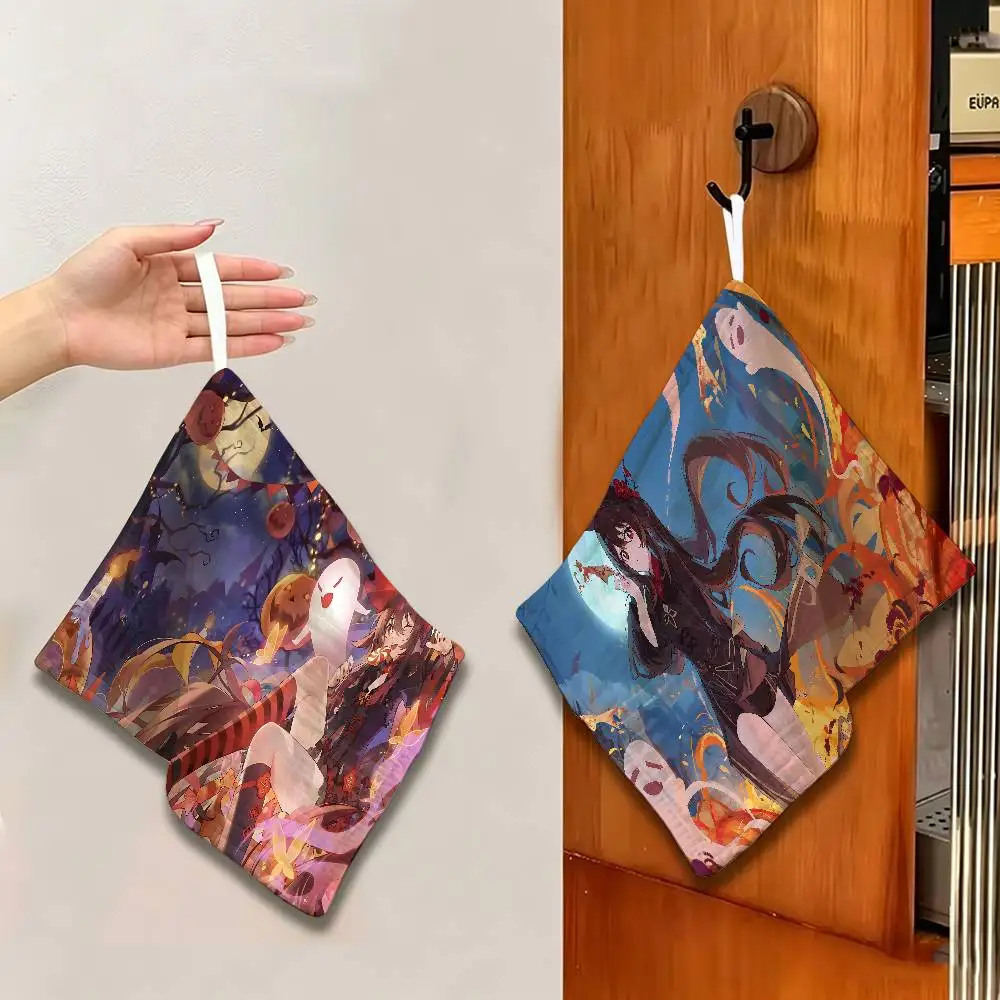 Genshin Impact Hu Tao Thickened Polyester Cotton Hanging Towel, High Absorbent Hand Wiping Towel for Indoor Use