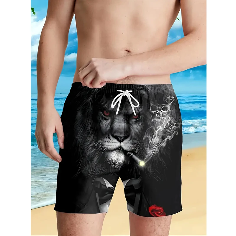 Men's Beach Shorts Lion Graphic  Vintage Elastic Waist 3D Print Animal Breathable Short Pants Summer New Streetwear Shorts