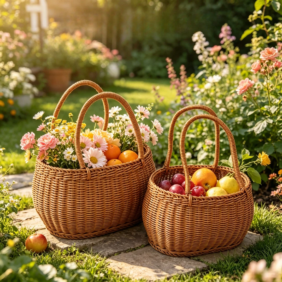 Rattan Style Shopping Basket Woven Tote Double Reinforced Handles For Grocery Picnic Fruit Vegetable Kitchen Storage Organizer view 6