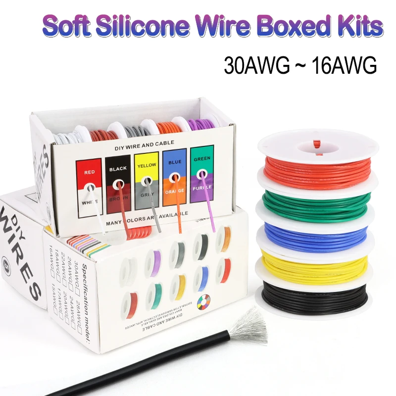 Boxed Kit Heat Resistant Flexible Silicone Wire 30/28/26/24/22/20/18/16 AWG Soft Stranded Electrical Cable Tinned Copper Wires