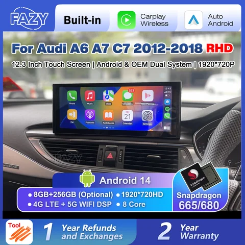 FAZY 퀄컴 680 안드로이드 14 오토 라디오 스크린 아우디 A6 A7 C7 2012-2018 우핸들 차량용 스테레오 멀티미디어 플레이어 무선 카플레이 GPS