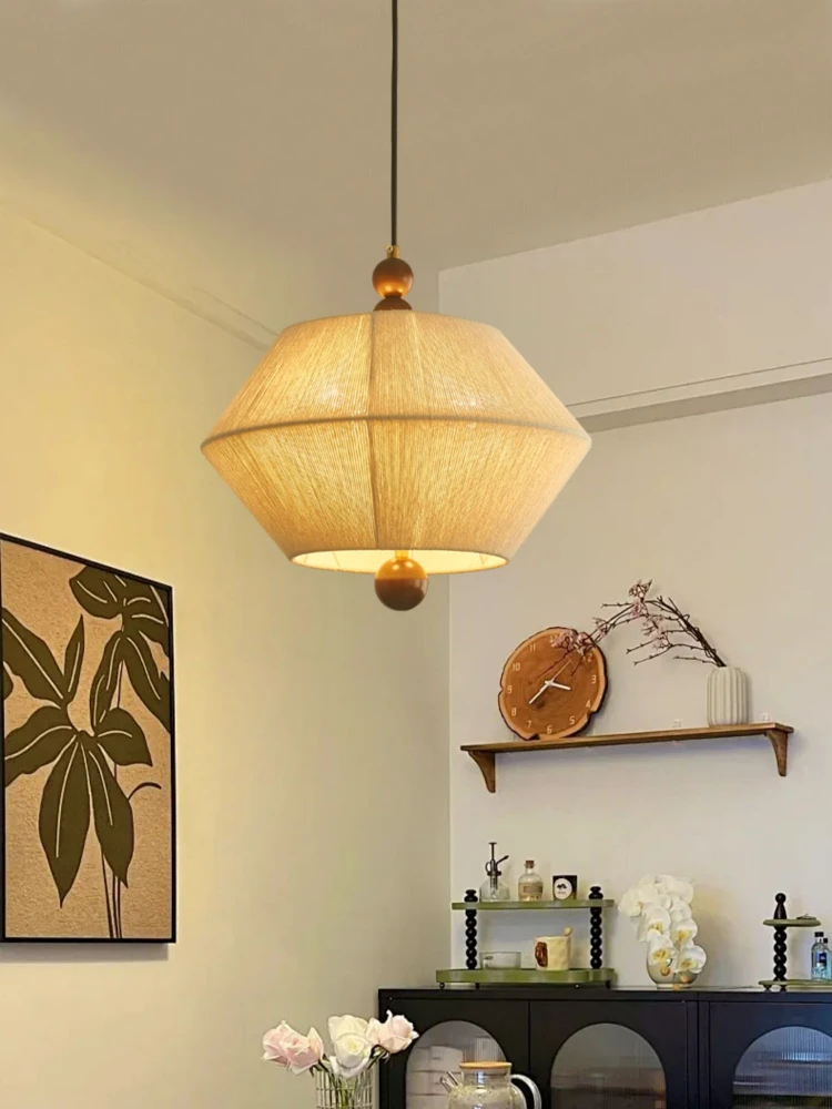 

Japanese Woven Fabric Bedroom Room Chandelier Living Room Vintage Solid Wood Dining Illuminated Decorative Lighting Fixtures