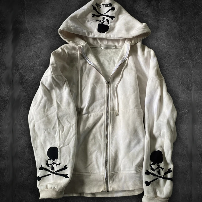 European and American Long-Sleeved Pullover Zipper Skull Print Pattern Hoodie Punk Dark Street Wear Sweater Coat