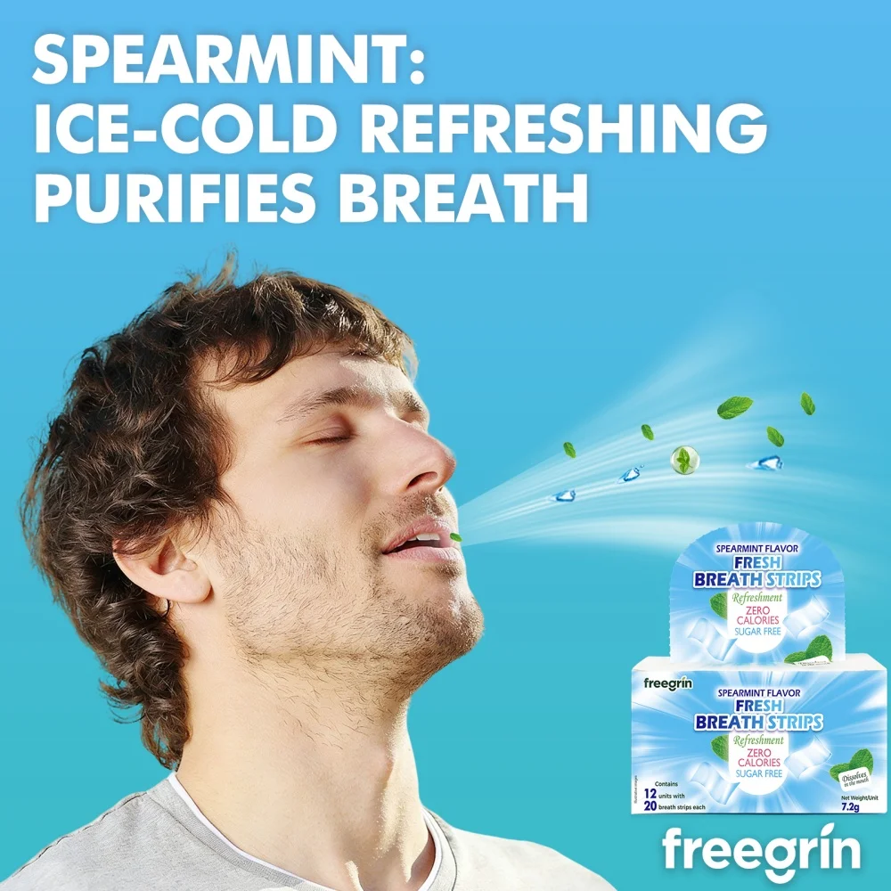 FREEGRIN Spearmint Flavored Fresh Breath Strips Portable Strips Kissing Mouth Fresh Breath Tablets Instant Dissolve Oral Strips