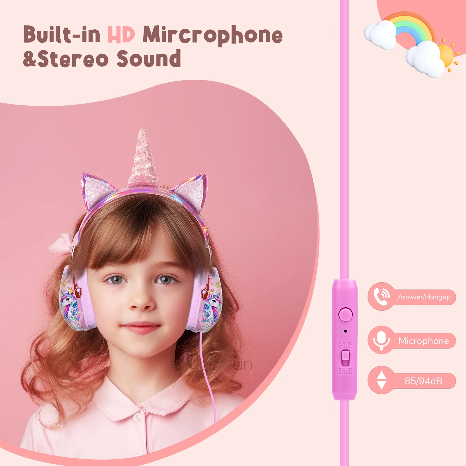 Cute Unicorn Kids Headphones Wired Headphones With Mic 85dB Volume Limite Children\'s Headphones for iPad Shcool Travel Kids Gift